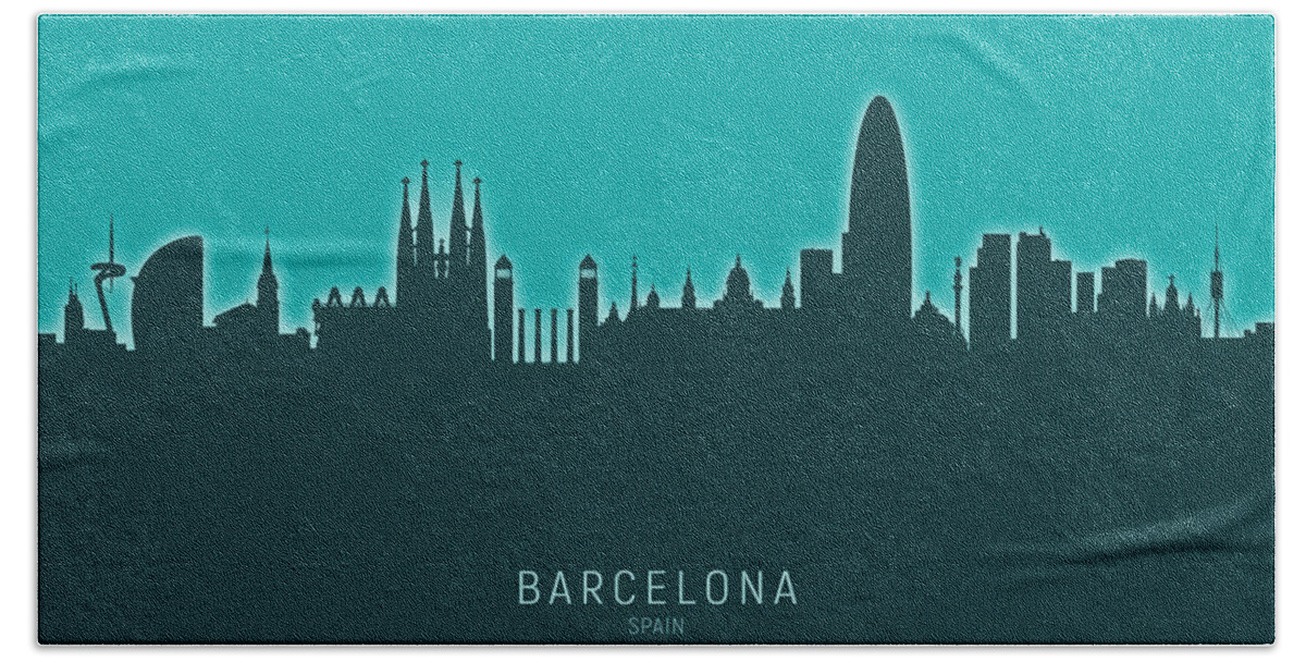 Barcelona Hand Towel featuring the digital art Barcelona Spain Skyline #34 by Michael Tompsett