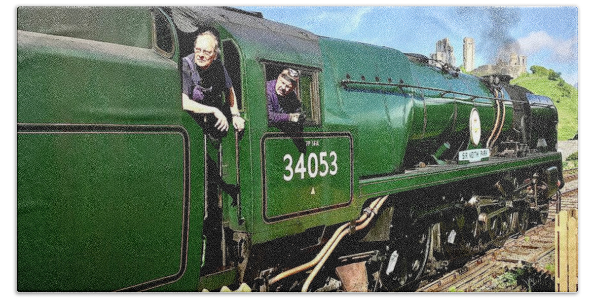 34053 Bath Towel featuring the photograph SR Battle of Britain Class34053 Sir Keith Park Crew at Corfe by Gordon James