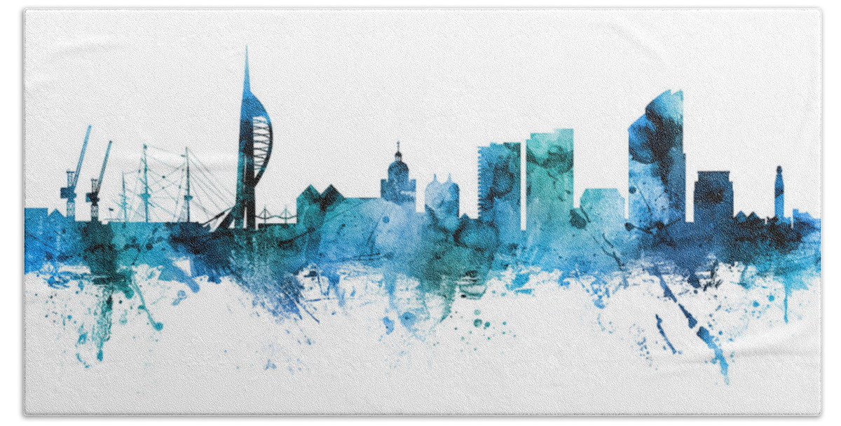 Portsmouth Hand Towel featuring the digital art Portsmouth England Skyline by Michael Tompsett