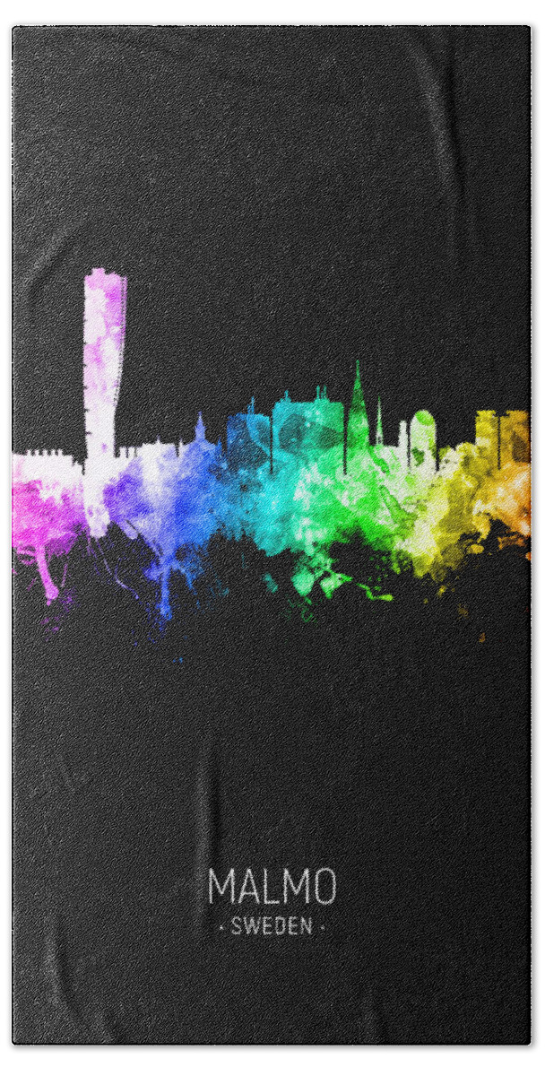 Malmo Hand Towel featuring the digital art Malmo Sweden Skyline #37 by Michael Tompsett