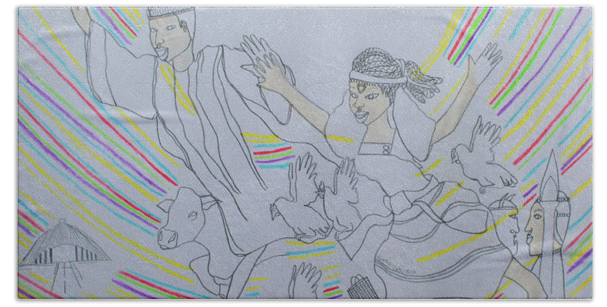 Jesus Bath Towel featuring the painting Kintu and Nambi #382 by Gloria Ssali