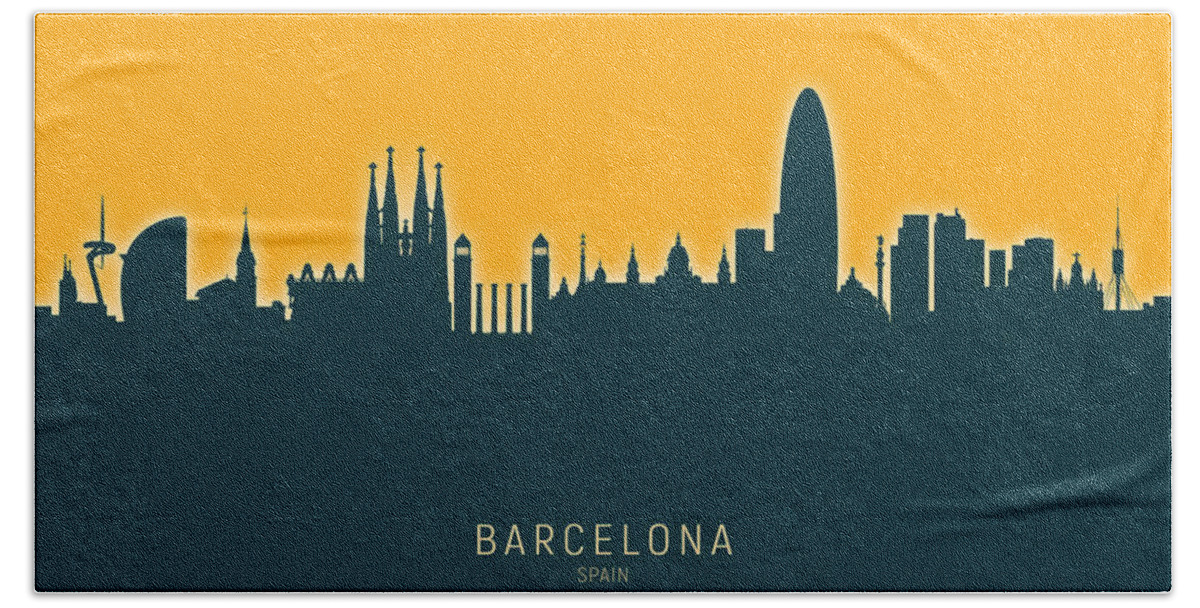 Barcelona Hand Towel featuring the digital art Barcelona Spain Skyline #39 by Michael Tompsett