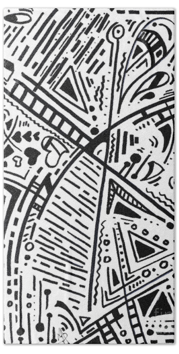 Black And White Hand Towel featuring the drawing Abstract Black and White MAD Doodle Sharpie Graffiti Drawing Original Sketch Art Megan Duncanson #4 by Megan Aroon