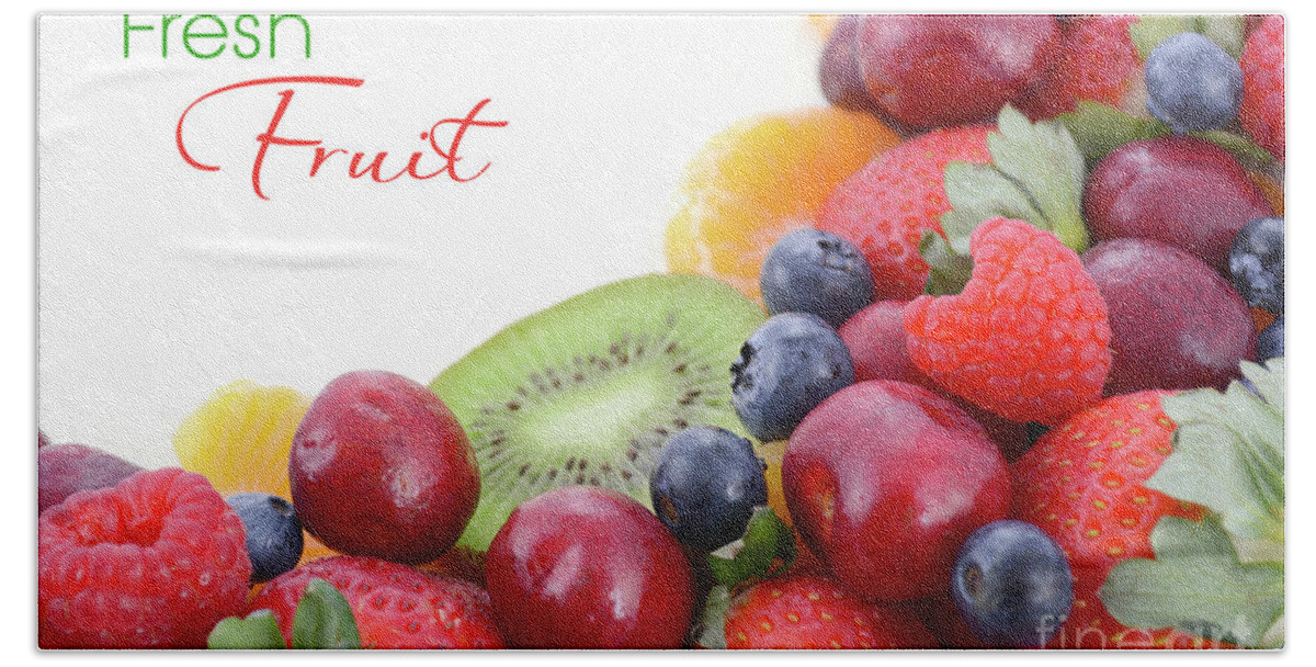 Blue Bath Towel featuring the photograph Fresh organic wholesome fruit on white wood table. #4 by Milleflore Images