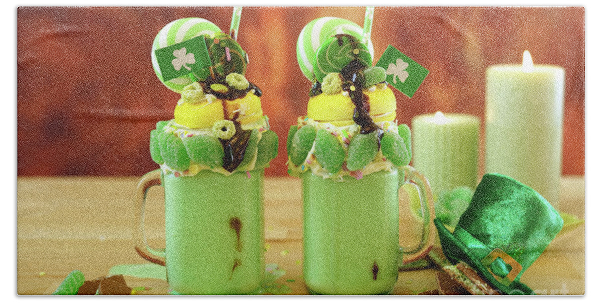 St Patricks Day Bath Towel featuring the photograph St Patrick's Day on-trend holiday freak shakes with candy and lollipops. #4 by Milleflore Images