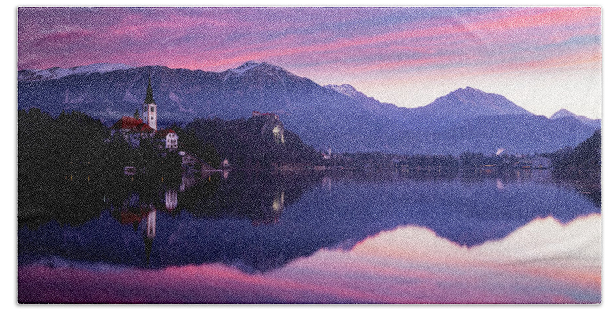 Bled Bath Towel featuring the photograph Sunrise at Lake Bled #4 by Ian Middleton