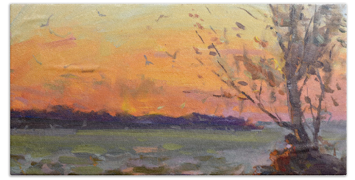 Sunset Bath Sheet featuring the painting Sunset by Ylli Haruni