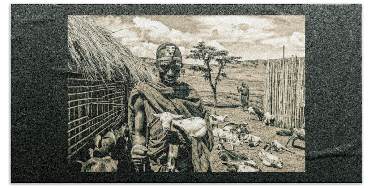 Ngorongoro Maasai Tanzania Bath Towel featuring the photograph Maasai Warrior and Prized Goat 4281 by Amyn Nasser