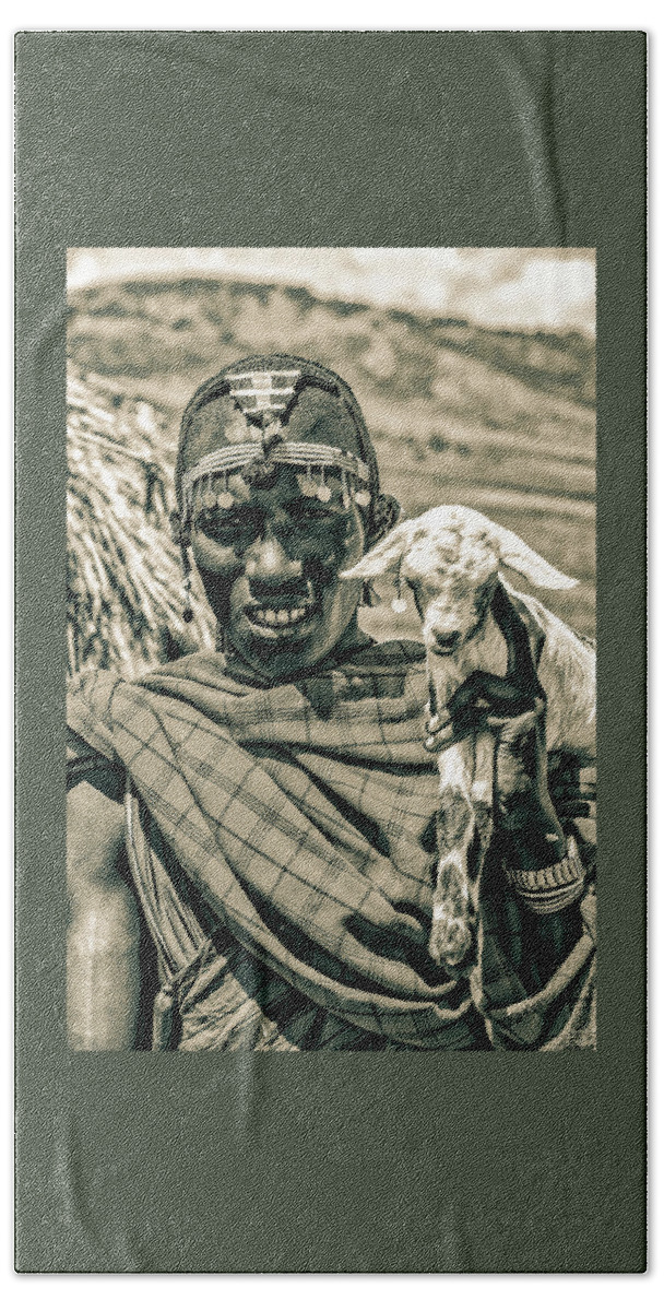 Ngorongoro Maasai Tanzania Bath Towel featuring the photograph Portrait Maasai Warrior and Prized Goat 4283 by Amyn Nasser