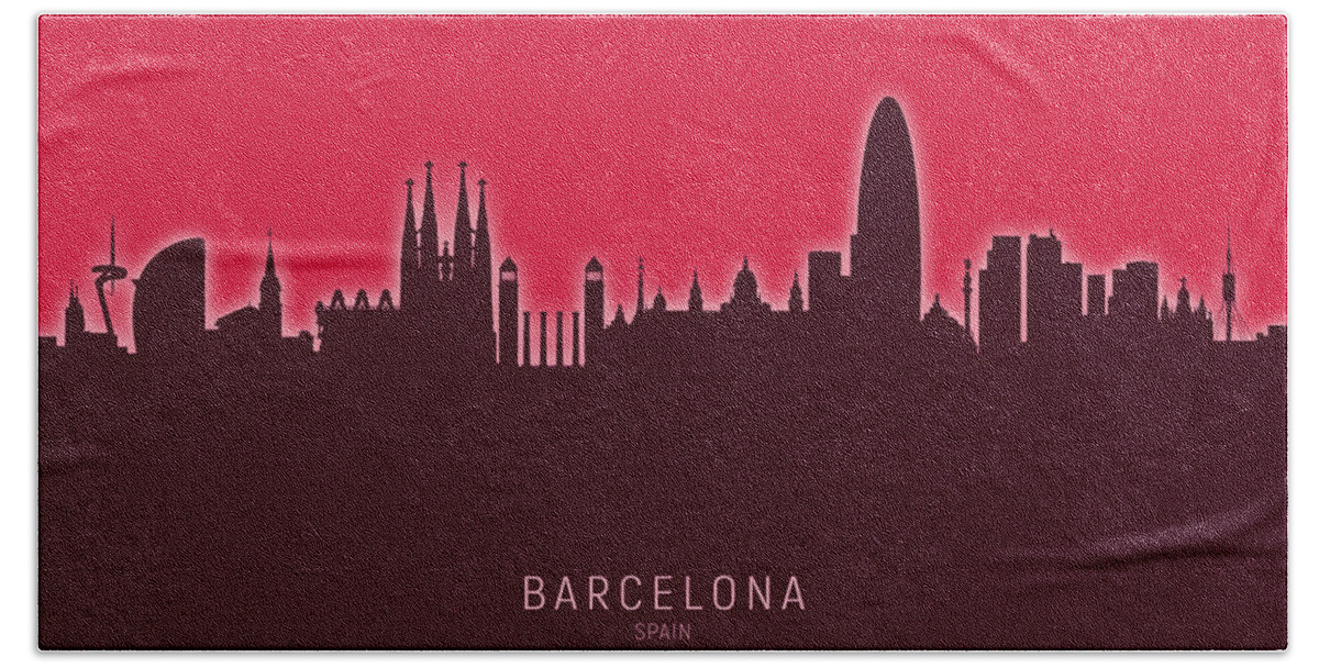 Barcelona Hand Towel featuring the digital art Barcelona Spain Skyline #43 by Michael Tompsett