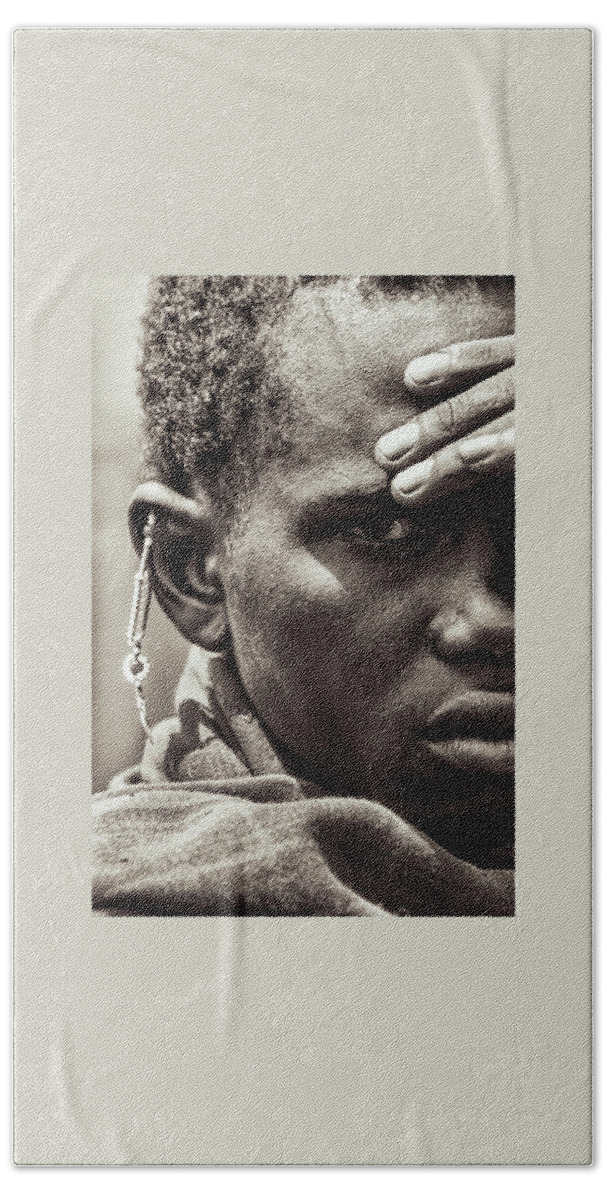 Ngorongoro Maasai Tanzania Bath Towel featuring the photograph Warrior Maasai Portrait Tanzania 4335 by Amyn Nasser