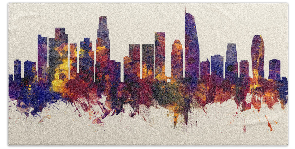 Los Angeles Hand Towel featuring the digital art Los Angeles California Skyline #44 by Michael Tompsett