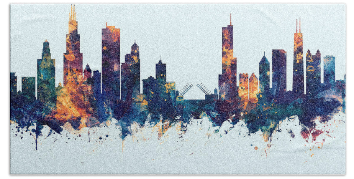 Chicago Bath Sheet featuring the digital art Chicago Illinois Skyline by Michael Tompsett