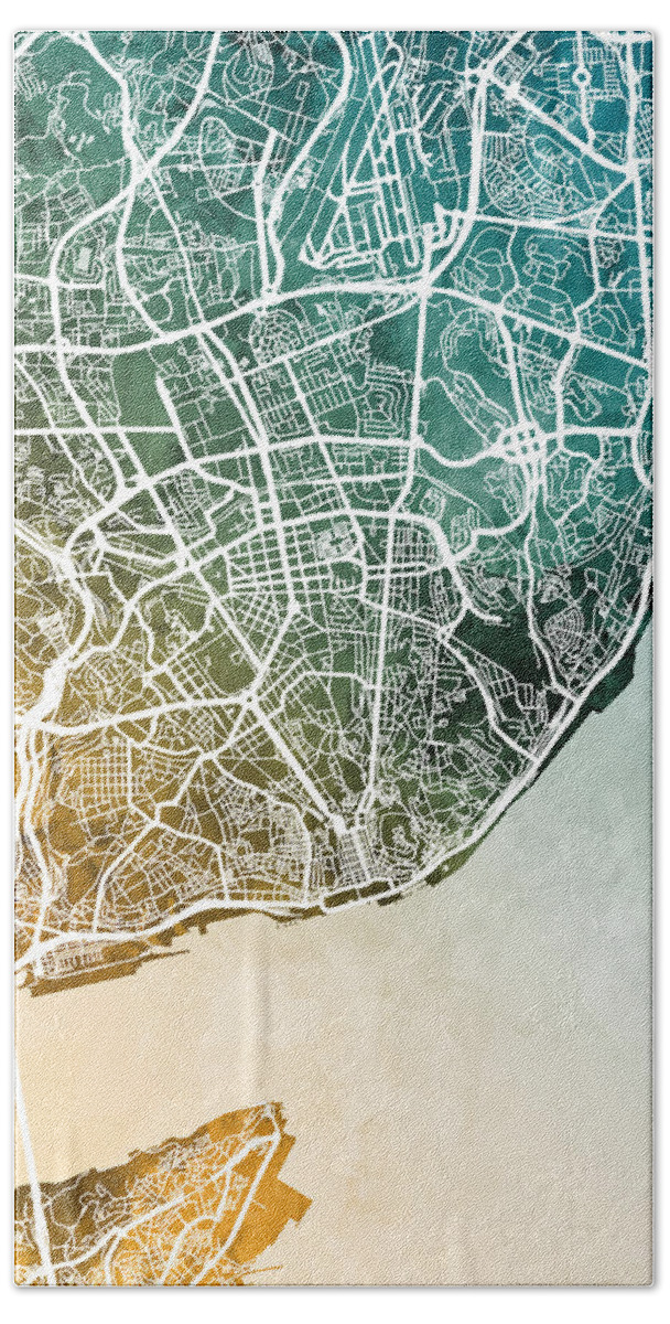 Lisbon Hand Towel featuring the digital art Lisbon Portugal City Map #5 by Michael Tompsett