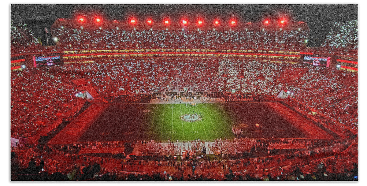Gameday Hand Towel featuring the photograph Night Panorama Bryant-Denny Stadium #6 by Kenny Glover