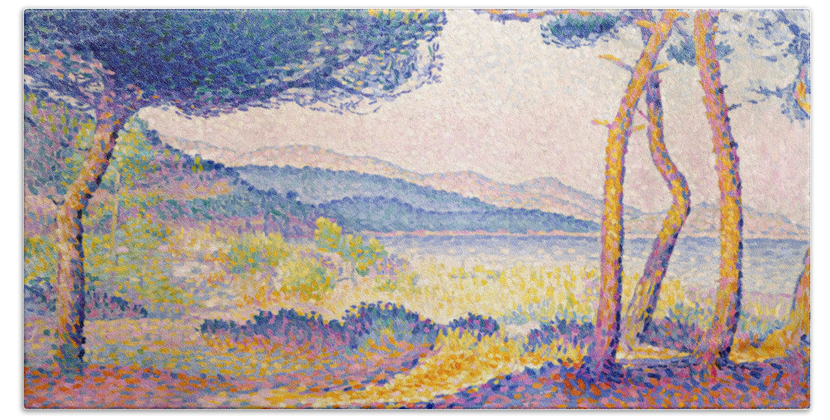 Henri-edmond Cross Hand Towel featuring the painting Pines Along the Shore by Henri-Edmond Cross by Mango Art