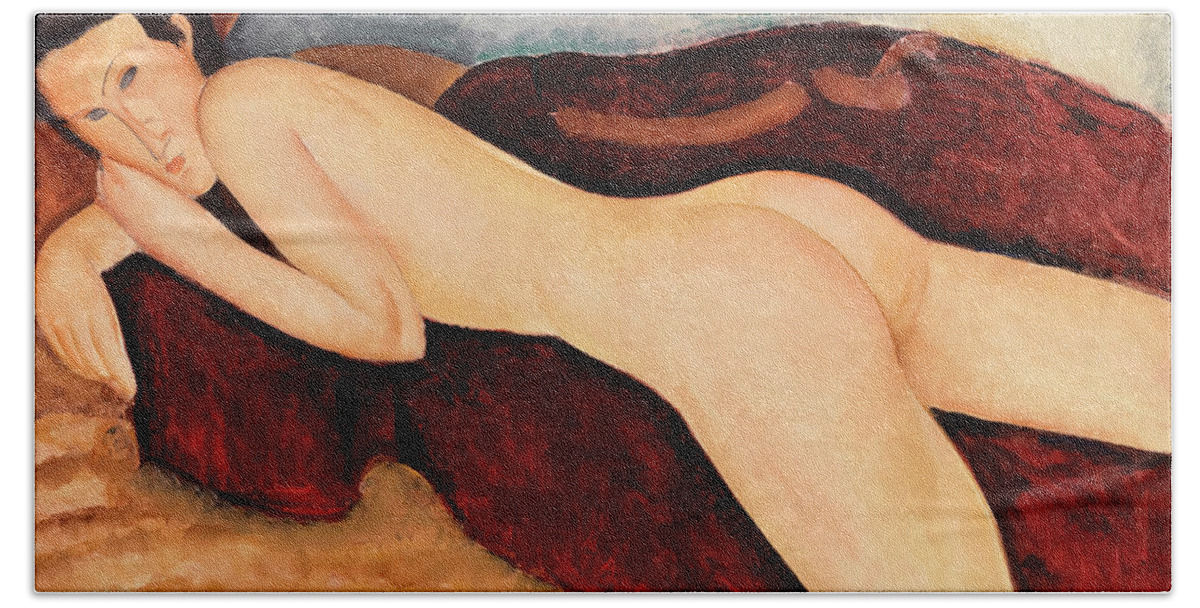 Amedeo Modigliani Hand Towel featuring the painting Reclining Nude from the Back by Amedeo Modigliani by Mango Art