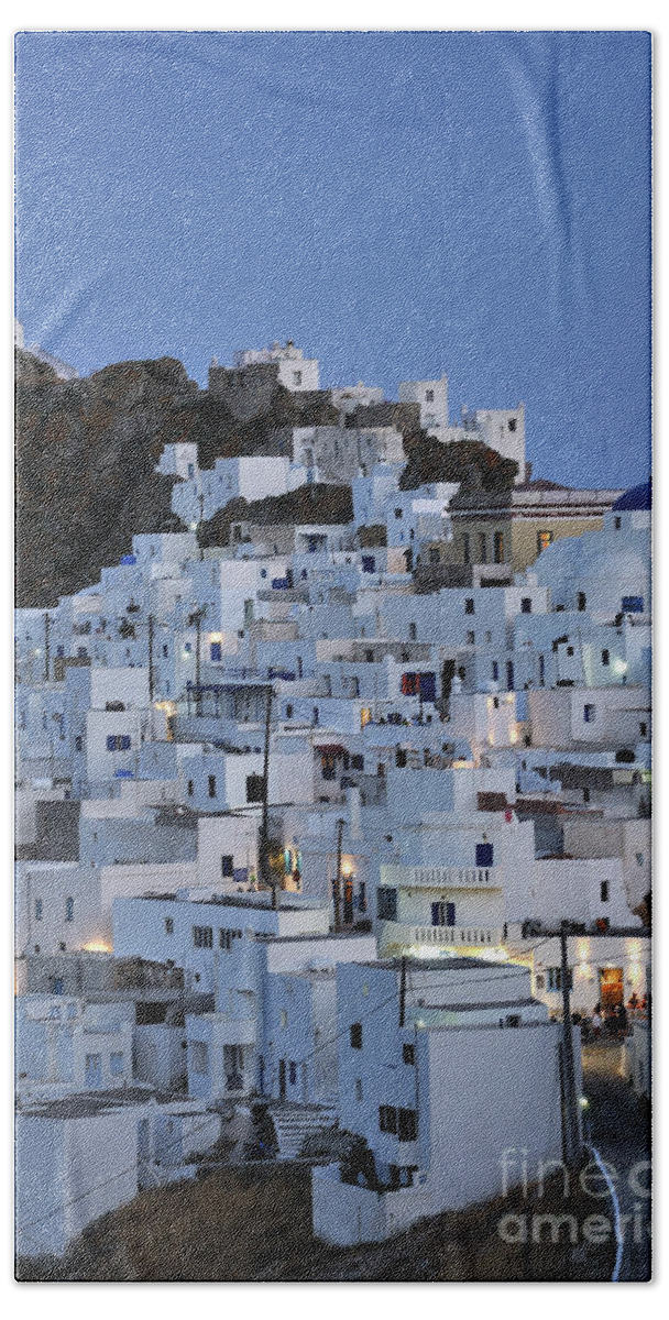 Serifos; Chora; Hora; City; Town; Greece; Greek; Hellas; Cyclades; Island; Kyklades; Aegean; Islands; Dusk; Twilight; Night; Lights; Holidays; Vacation; Travel; Trip; Voyage; Journey; Tourism; Touristic; Summer; Blue; Sky; White; Houses; Hill; Top Bath Towel featuring the photograph Serifos town #5 by George Atsametakis