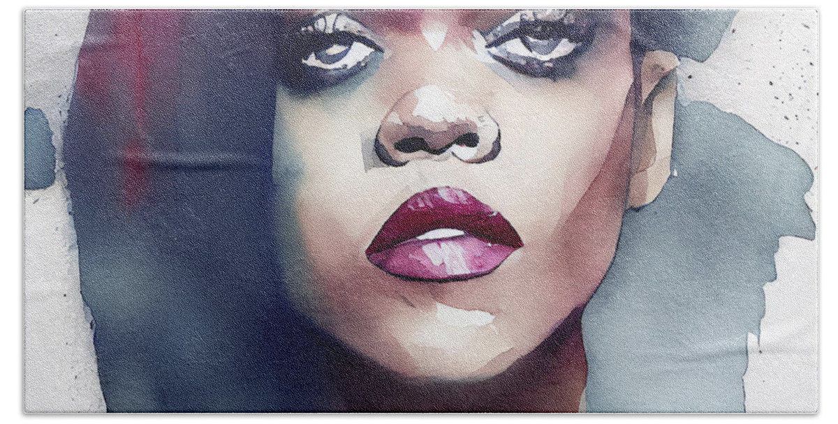 Rihanna Hand Towel featuring the mixed media Watercolour Of Rihanna #5 by Smart Aviation
