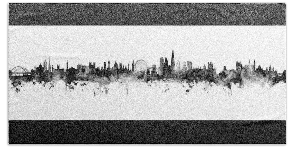 Newcastle Hand Towel featuring the digital art Newcastle, London and Cambridge Skylines Mashup BW by Michael Tompsett
