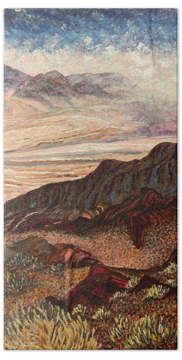Dante's View Hand Towel featuring the painting 5,475 feet above the desert floor. Dante's View, Death Valley, California. #5475 by ArtStudio Mateo