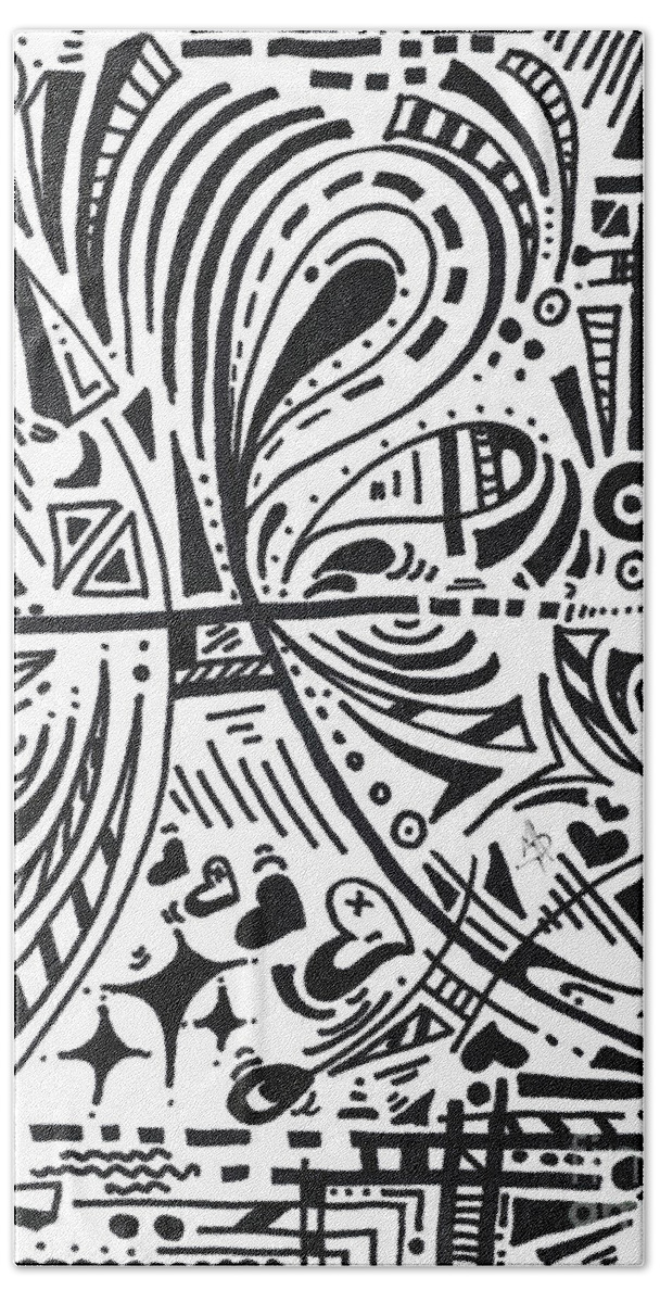 Black And White Hand Towel featuring the drawing Abstract Black and White MAD Doodle Sharpie Drawing Original Art Megan Duncanson #6 by Megan Aroon
