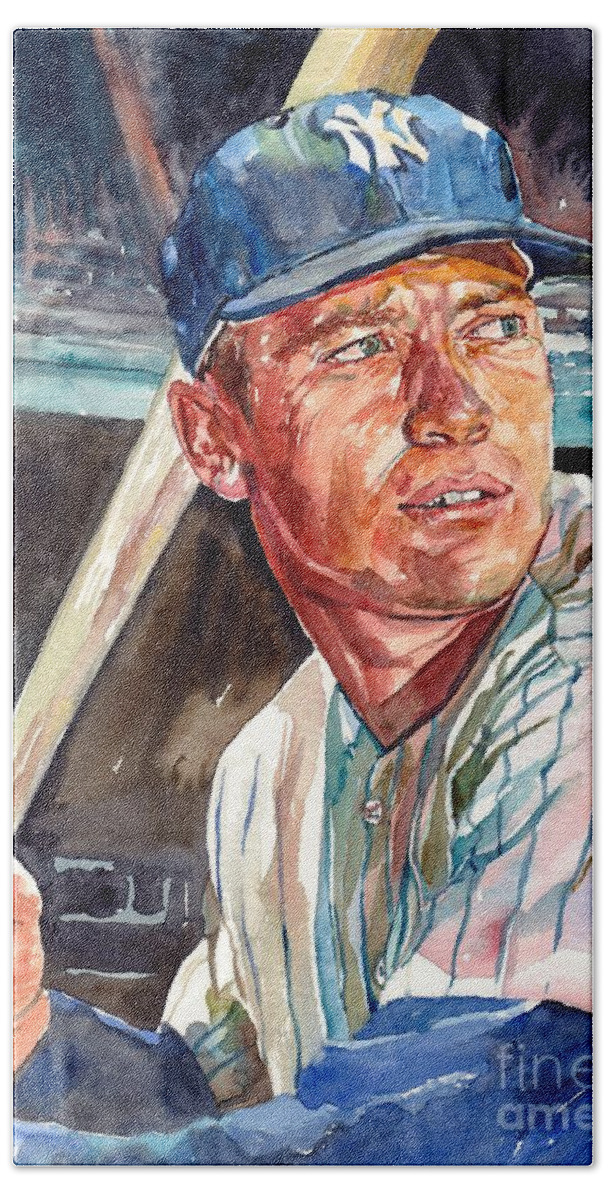 Mick Hand Towel featuring the painting Mickey Mantle portrait #6 by Suzann Sines
