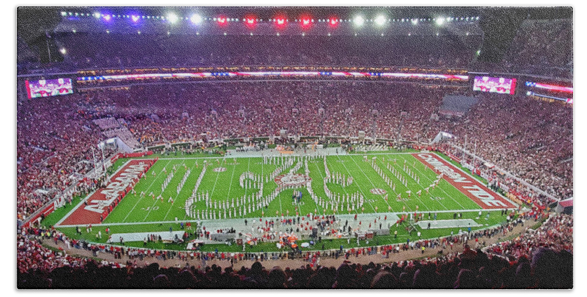 Gameday Bath Towel featuring the photograph Night Panorama Bryant-Denny Stadium by Kenny Glover