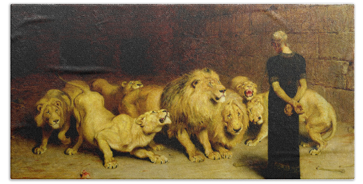 Daniel Hand Towel featuring the painting Daniel in the Lions Den by Briton Riviere