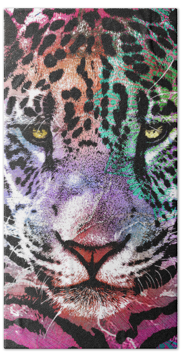 Felino Bath Towel featuring the mixed media Rainbow Leopard by J U A N - O A X A C A