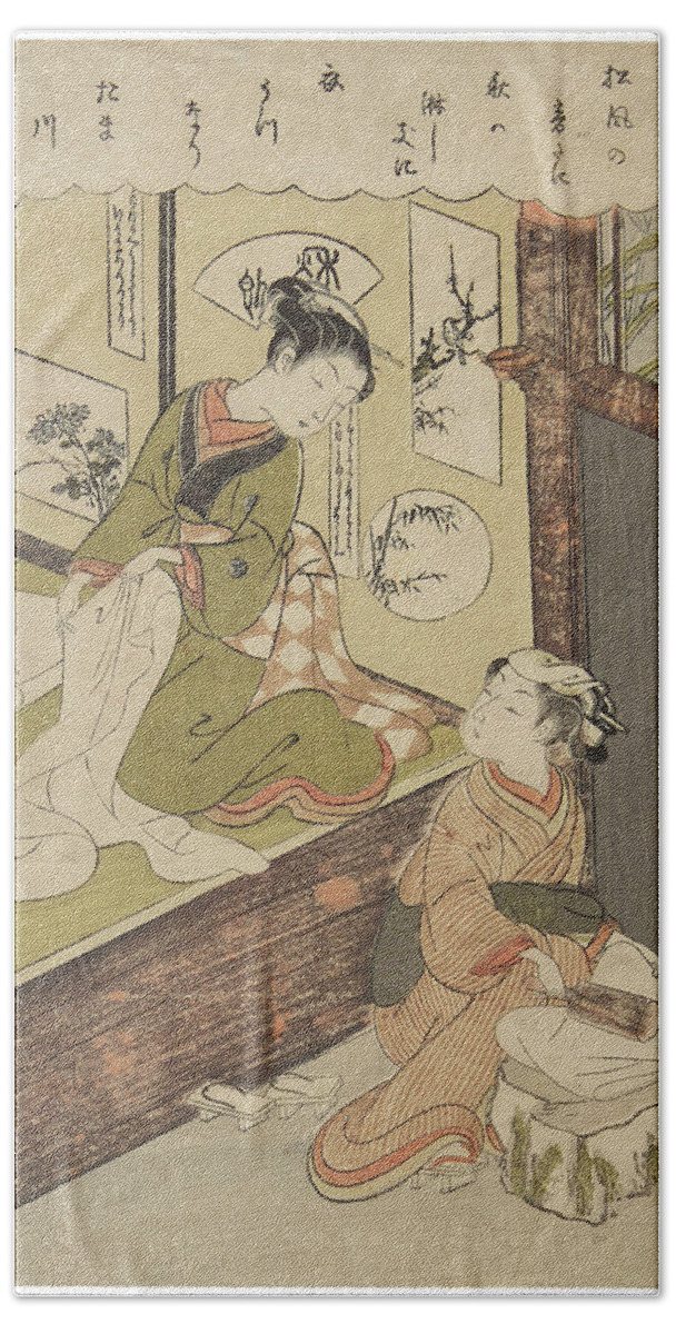Suzuki Harunobu (1725-1770) Two Beauties Bath Towel featuring the painting Suzuki Harunobu #7 by Artistic Rifki
