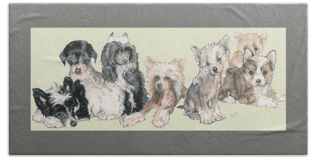 Toy Class Bath Towel featuring the mixed media Chinese Crested and Powderpuff Puppies by Barbara Keith