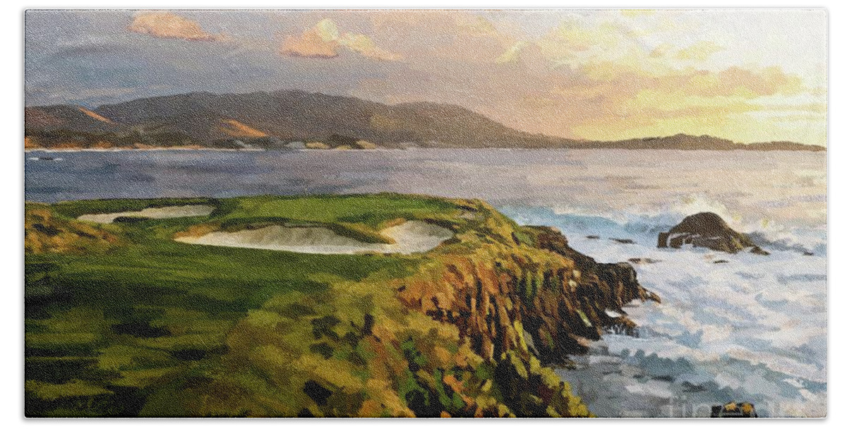 7th Hole At Pebble Beach Impressionistic Bath Towel featuring the painting 7th Hole At Pebble Beach Impressionistic by Tim Gilliland