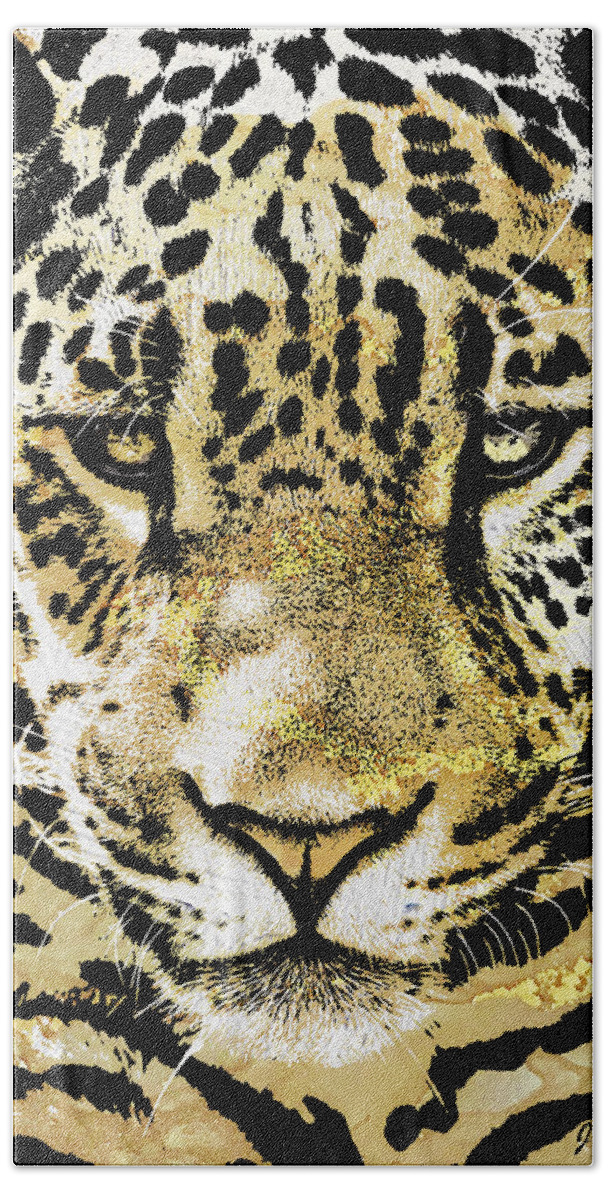 Felino Bath Towel featuring the mixed media Golden Leopard Face by J U A N - O A X A C A
