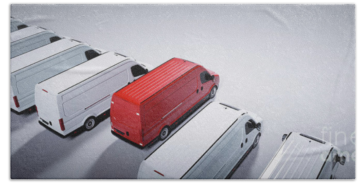Van Bath Towel featuring the photograph Red commercial van and fleet of white trucks. Transport. Transport and shipping #8 by Michal Bednarek