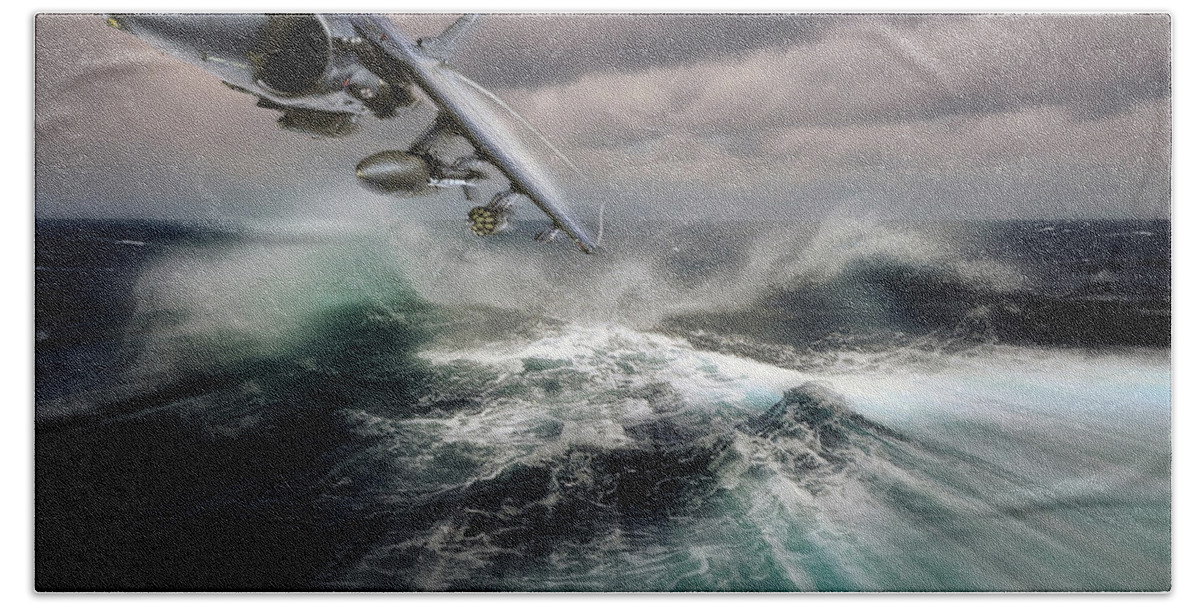 Harrier Bath Towel featuring the digital art British Aerospace Harrier II GR9 Low Pass by Custom Aviation Art