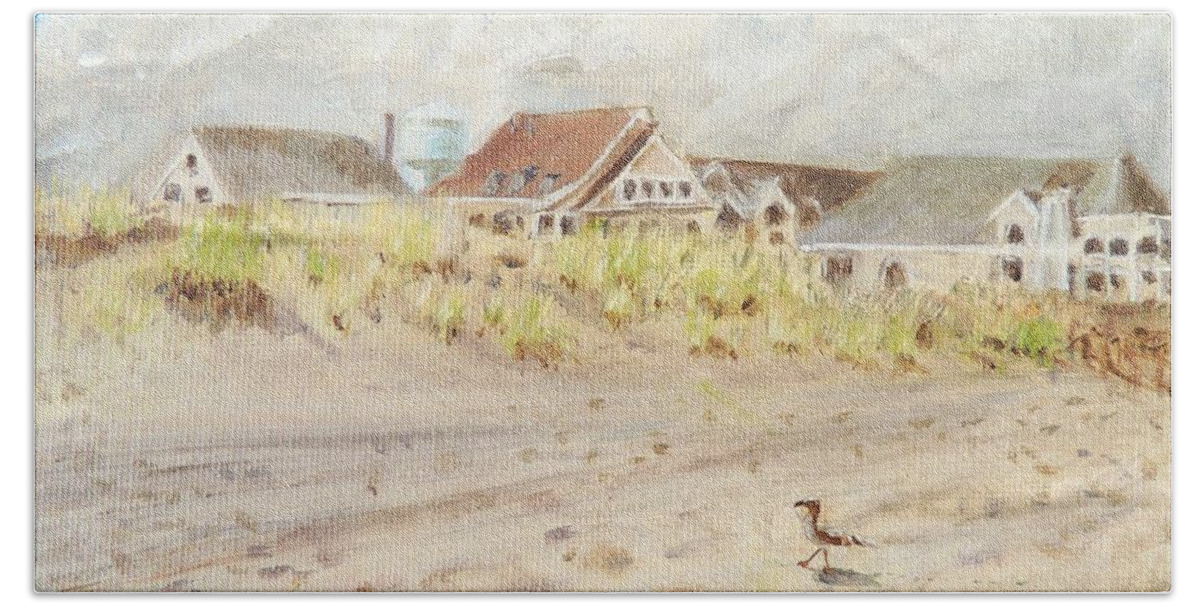 Stone Harbor Hand Towel featuring the painting 98th Street Beach Stone Harbor New Jersey by Patty Kay Hall
