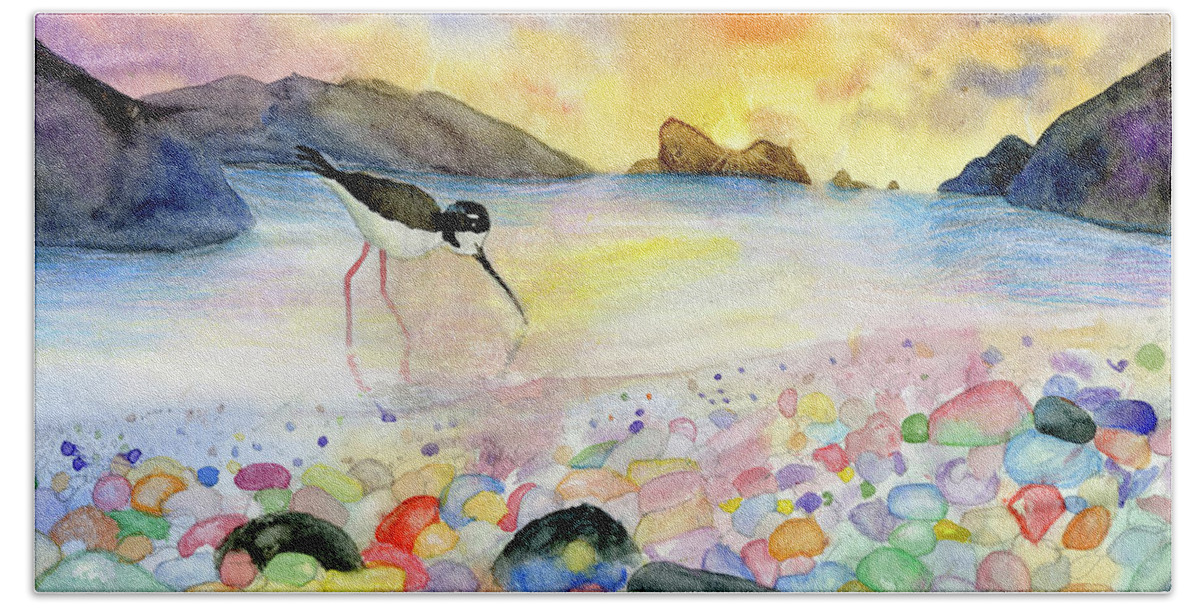 Bird Hand Towel featuring the mixed media A Bird on Glass Beach by Sophie Han Grade 2 by California Coastal Commission