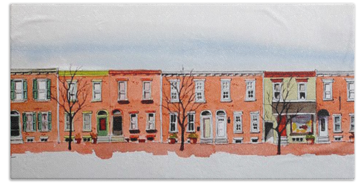 Watercolor Bath Towel featuring the painting A bit of Scott Street 7x30 by William Renzulli
