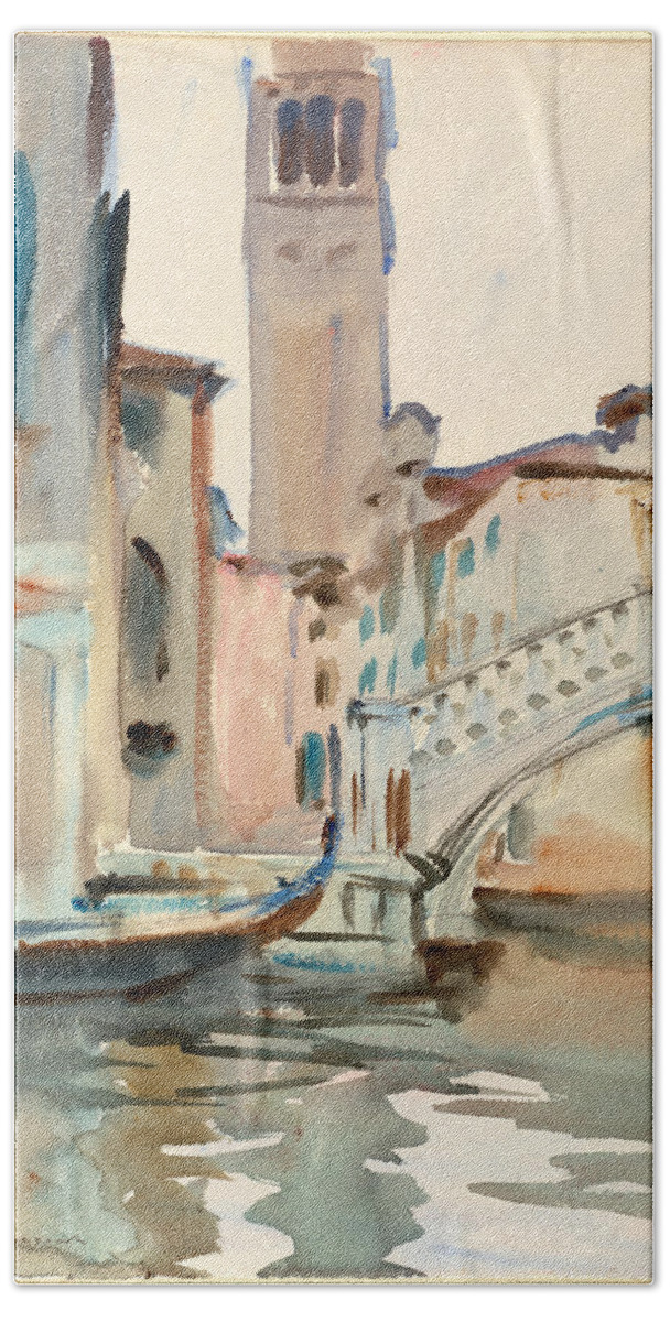 John Singer Sargent Bath Towel featuring the drawing A Bridge and Campanile, Venice by John Singer Sargent