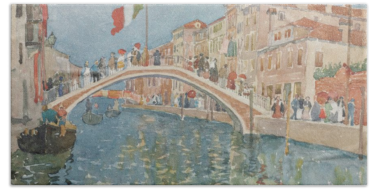 A Bridge In Venice 1899 Maurice Prendergast American 1858 To 1924 Bath Towel featuring the painting A Bridge in Venice 1899 Maurice Prendergast American 1858 to 1924 by MotionAge Designs