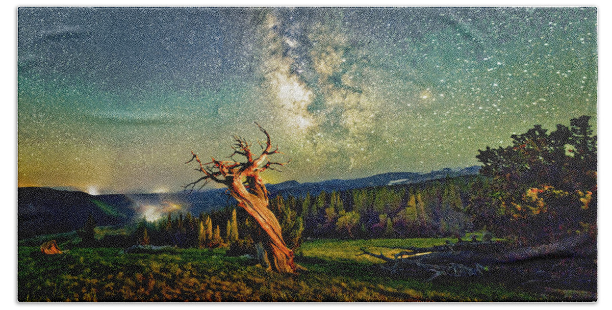 Colorado Hand Towel featuring the photograph A Bristlecone Tree Against a Starry Sky. by OLena Art by Lena Owens - Vibrant Design