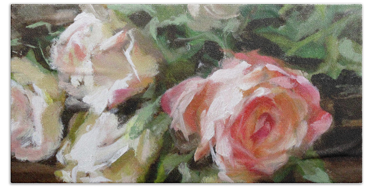  Hand Towel featuring the painting A Bunch of Roses Detail 1 by Roxanne Dyer