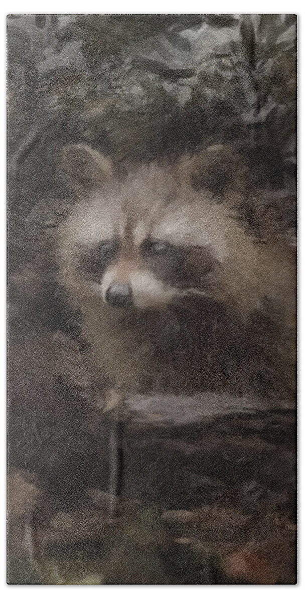 Racoon Bath Towel featuring the painting A Cleaver Racoon by Gary Arnold