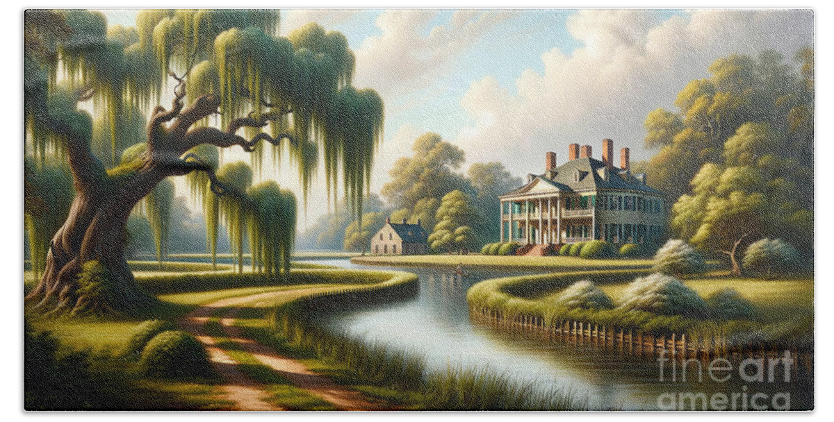 Colonial Hand Towel featuring the painting A colonial-era plantation in the American South, with weeping willows and a river. by Jeff Creation