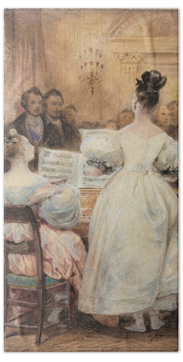 A Concert Laura Singing 1831 Eugène François Marie Joseph French 1805 To 1865 Bath Towel featuring the painting A Concert Laura Singing 1831 Marie Joseph French 1805 to 1865 by MotionAge Designs