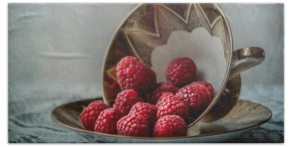 Raspberries Bath Towel featuring the photograph A cupfull of raspberries by Maggie Terlecki