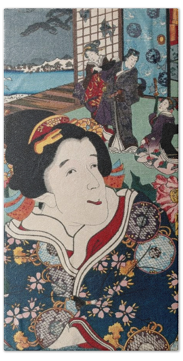 A Female Role Actor With A Scene Of Modern Dress Genji Behind. Colour Woodcut By Kunisada Bath Towel featuring the painting A female role actor with a scene of modern dress Genji behind. Colour woodcut by Kunisada, 1852 by Artistic Rifki