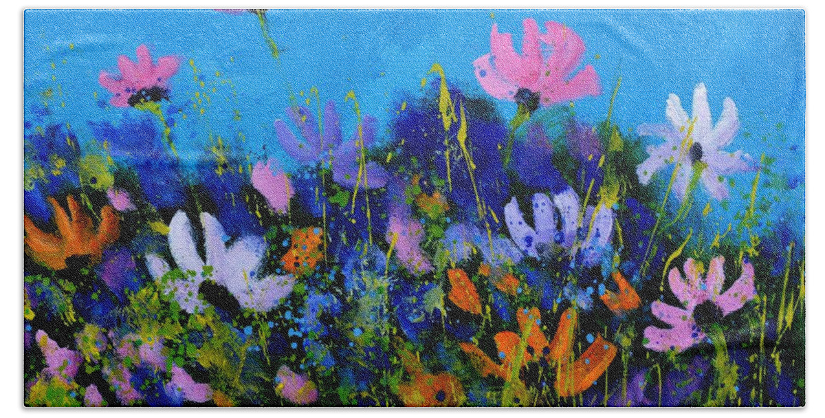 Flowers Bath Towel featuring the painting A few cosmos flowers by Pol Ledent