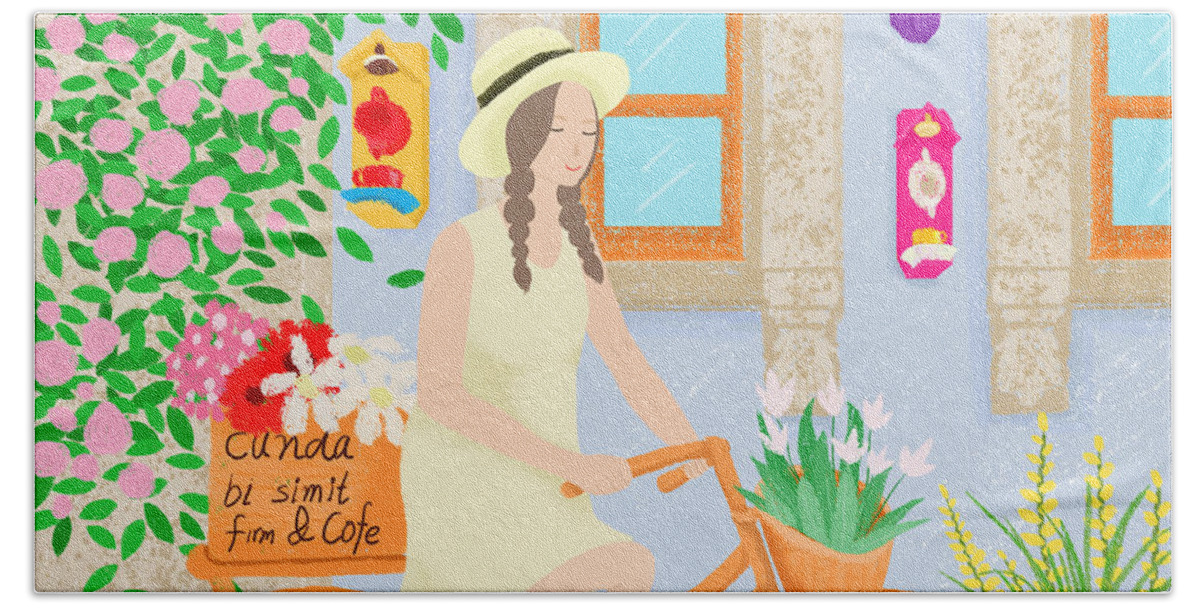 Girl Bath Towel featuring the drawing A girl on a bicycle by Min Fen Zhu